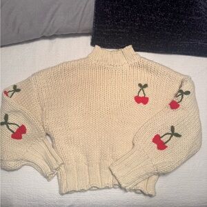 Forever 21 Cream Chunky Knit Turtleneck Sweater with Cherry Motif